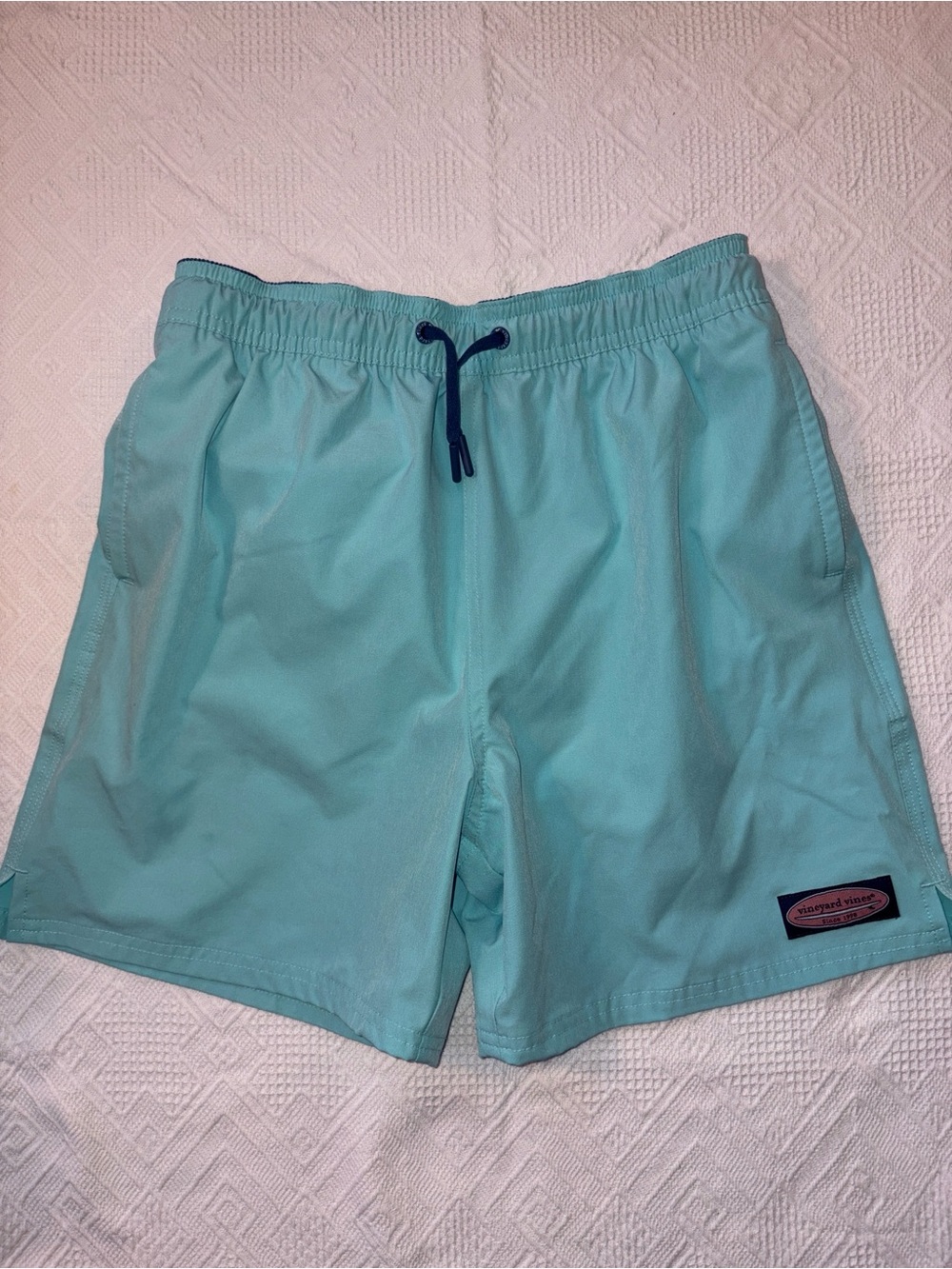 Vineyard Vines Aqua Kids Swim Trunks with Navy Drawcord
